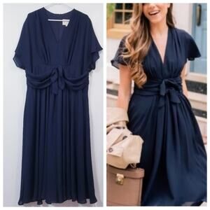 Gal Meets Glam Navy Blue Women Dress Pleated V-Neckline Flutter Sleeves